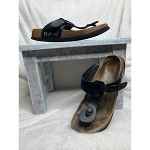 Betula Black Leather Thong Sandal Cork Footbed Adjustable Strap Women US 7.5